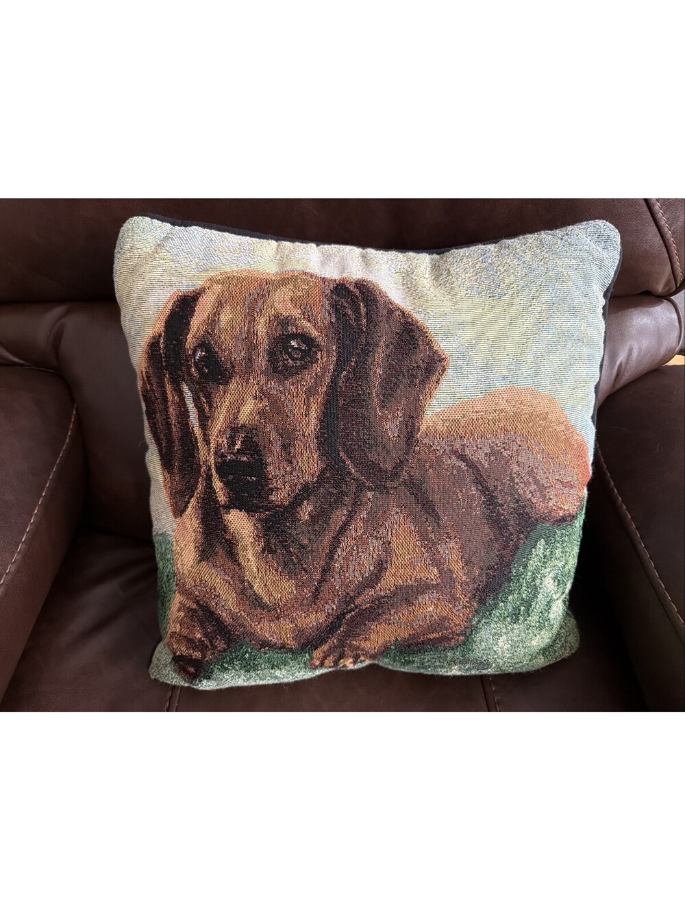 Linda Picken Tapestry Pillow Brown Dachshund Dog 16” Sq Weiner Puppy Vintage
